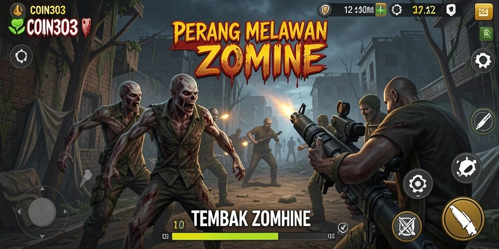 Tampilan antarmuka COIN303 saat menyerang zombie dengan seru.