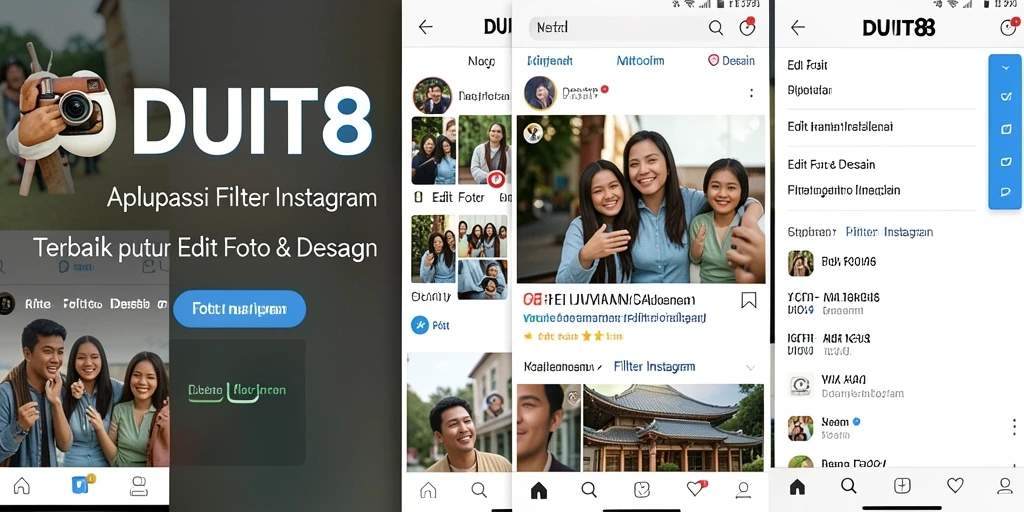 Antarmuka aplikasi DUIT8 dengan berbagai filter Instagram yang menarik.