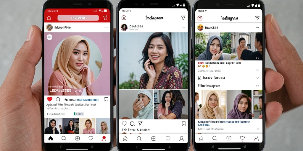 Antarmuka aplikasi LEDAK388 dengan berbagai pilihan filter Instagram.