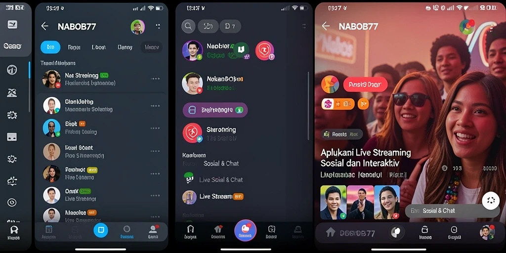Tampilan antarmuka aplikasi Live Streaming NABOB77 yang modern dan interaktif.